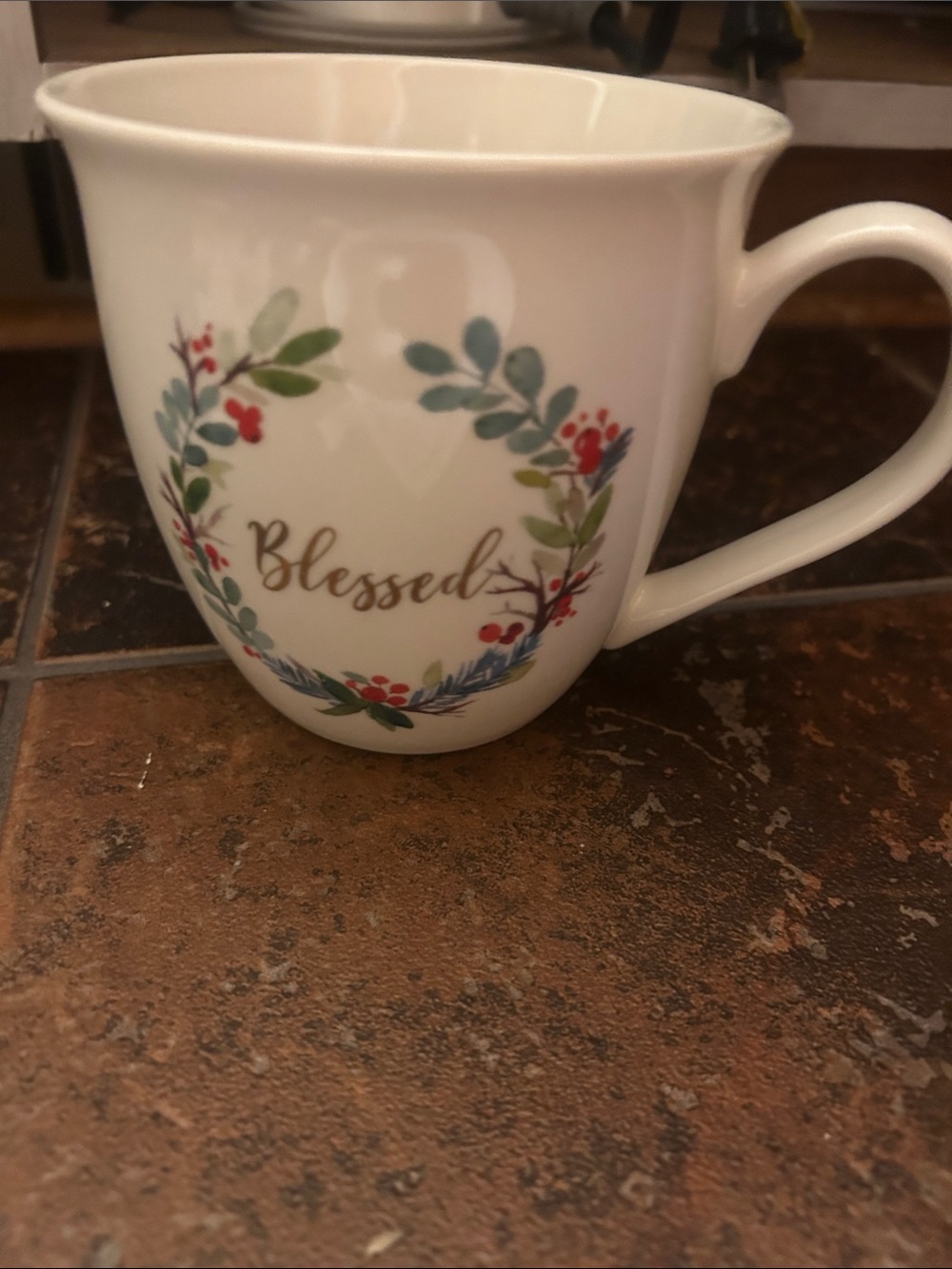 White 'Blessed' Ceramic Mug with Floral Wreath